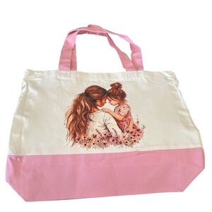 Large Canvas Tote Bag with Mother & Daughter Art | Hand Pressed | 17”x14”